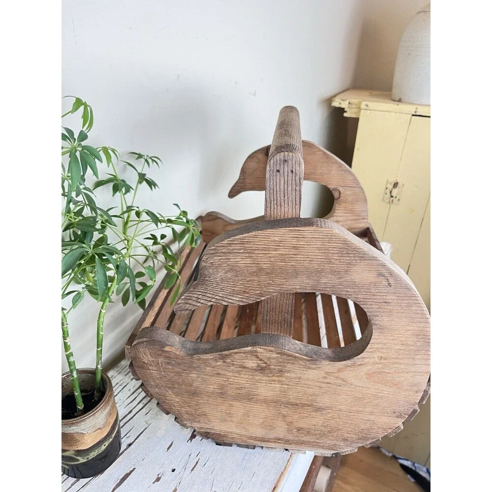 Vintage Solid Wood Slatted Goose Magazine Blanket Basket W/ Handle Cottage Decor